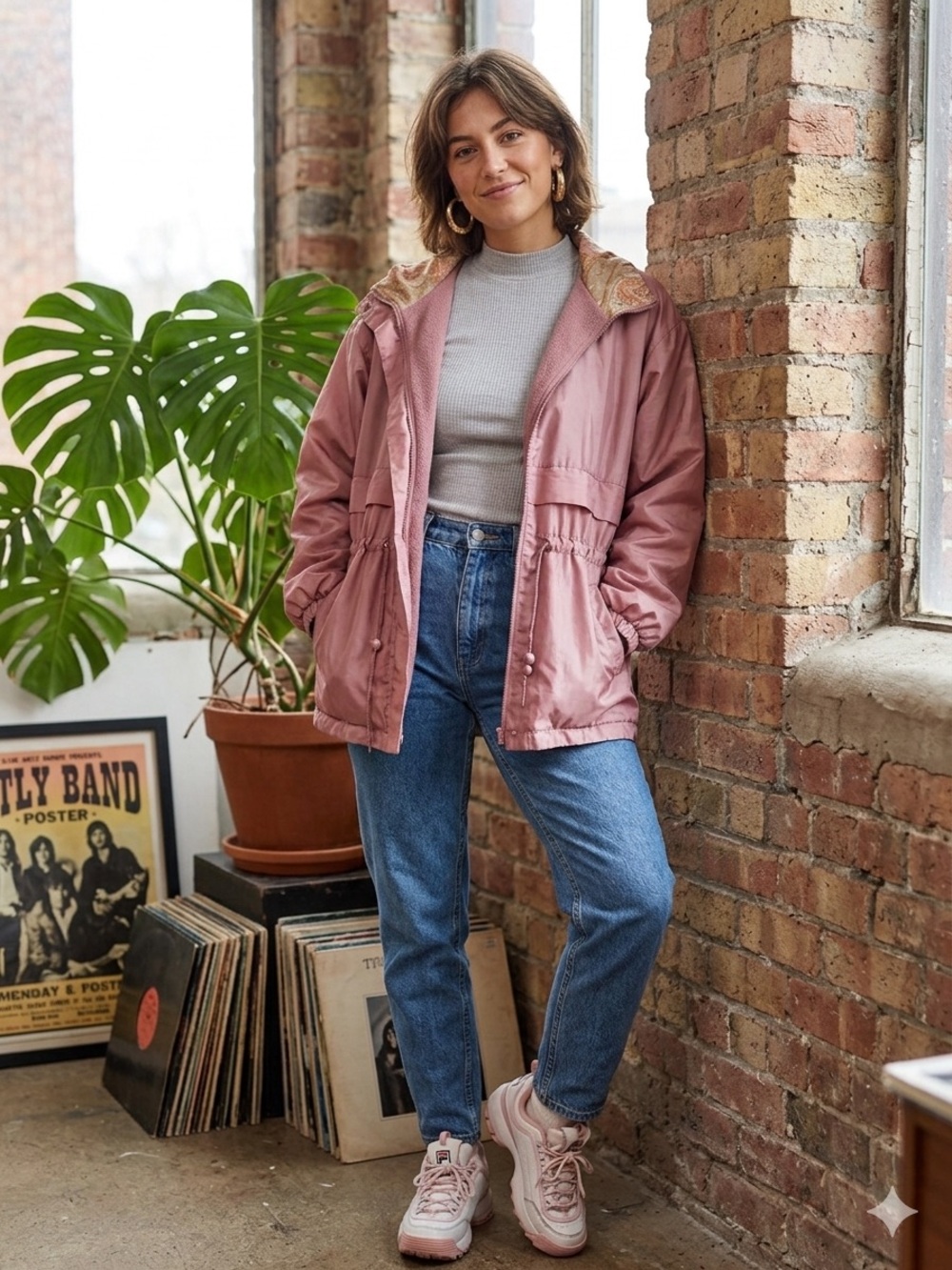 Women’s Vintage Dusty Rose Nylon and Fuzzy Lightweight Hooded Jacket Coat L